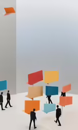 several people are standing in the snow with rectangular shapes