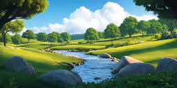 there is an illustration of the grass, trees, and river