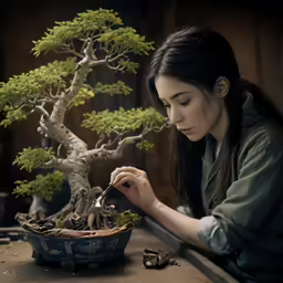 a woman cutting up food near a bonsai tree