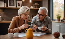a man and woman are looking at paperwork
