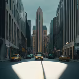 cars and taxis drive on a city street