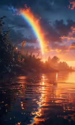 a rainbow over the water at sunset