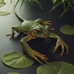 the frog is on the ground with green leaves