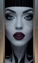 woman with black and silver makeup, dotted nose ring and black bow