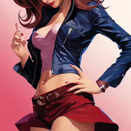 a young woman in a short skirt is posing,a young woman standing in front of a pink background
