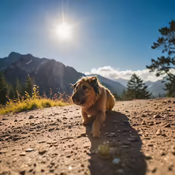 a small dog that is laying on the dirt