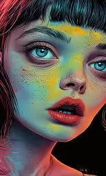 a woman in blue and pink with her lips painted