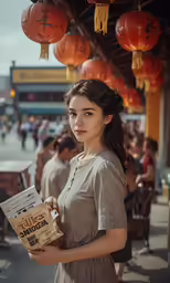 the young girl is holding a box of food on a street