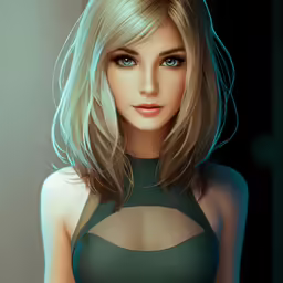 a beautiful blonde woman with an unusual make up and green bra