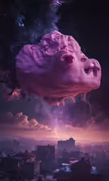 a pink head floating in a sky full of clouds,a pinkish looking creature over a city with buildings