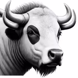 black and white image of an animal with horns