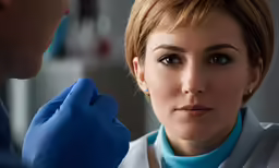 a close up shot of a woman getting her eyes examined