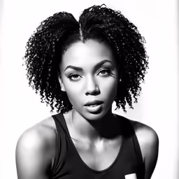 a black and white photo of a woman with curly hair