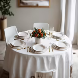 a round table set with plates and flowers