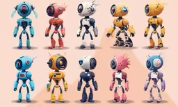 a set of different cartooned robots with eyes and ears