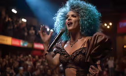 a person with blue hair is holding a microphone