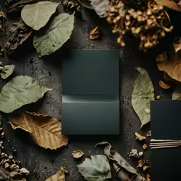 green and gold leaves surrounding black box on black paper