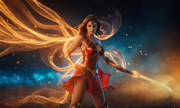 a woman dressed as wonder standing with fire wands