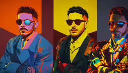 three men wearing sunglasses pose in front of some colorful squares,three men with sunglasses, one wearing an unusual jacket