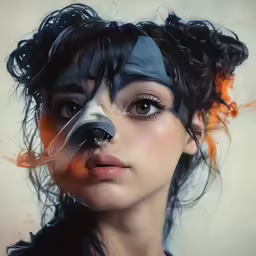 a woman is wearing a strange mask and black fur