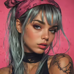 woman with gray hair and piercings wearing a pink bandana