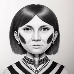 woman with neck rings by a very strange head