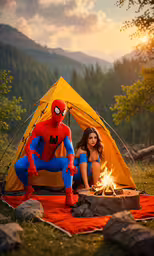 a couple sitting in front of a fire while camping,woman sitting near a fire with a tent
