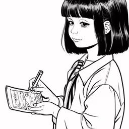 a cartoon girl in a business suit writing on her clipboard