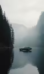 a car on a lake in the middle of fog