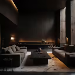 a dark living room with black walls and beige couches