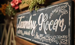 two potted plants on the outside wall in front of a sign
