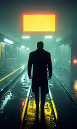 a man in a coat walking down a train station platform