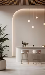 there are bar stools around a counter