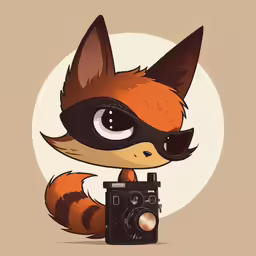 a cartoon fox is standing next to a digital camera