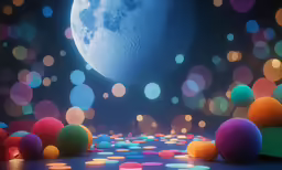 this image shows colorful balls and bubbles against a backdrop of moon