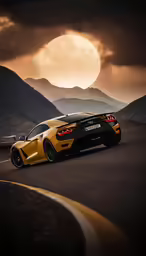 yellow car driving on roadway next to mountains