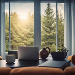 a table sitting in front of a window filled with glasses and laptop