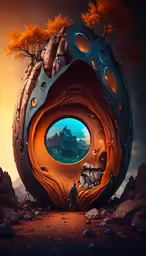 a strange painting is seen with rocks and trees