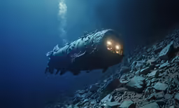 the underwater submarine is moving along the rocky beach