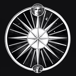 a spoke wheel with a face on it,a stylized drawing shows an eye looking into the night
