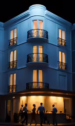 the people are walking in front of a two story building at night