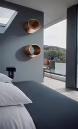 a bedroom with three round shelves mounted to the wall