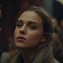 woman staring forward wearing coat in crowd