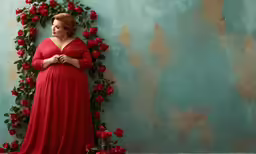 a woman standing next to a rose vine with red roses growing on it