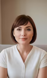 a woman in a white shirt sitting on a couch