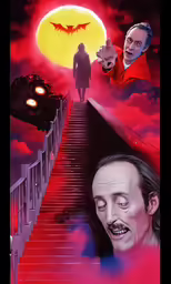 a staircase with a creepy head and dracula on it