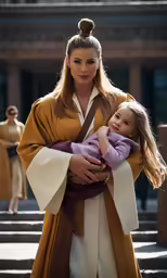 the young lady in a gown is holding a baby