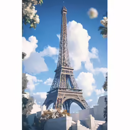an artistic picture of the eiffel tower with blue sky in the background