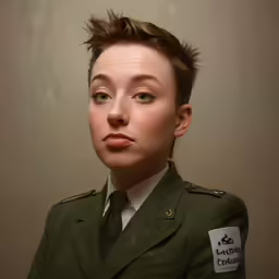 a woman in military fatigues poses for a photo