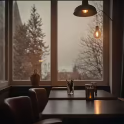 the light is lit by two lamps above the restaurant table